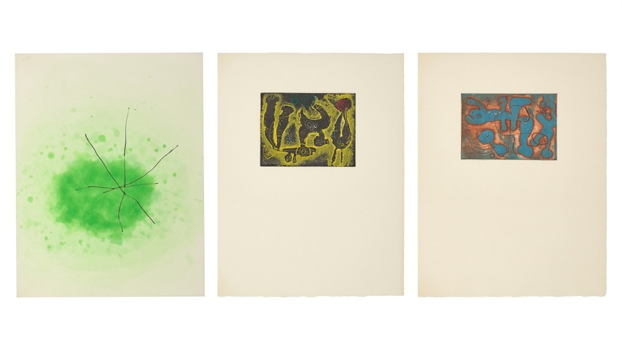 ”Trois livres de poèmes illustrés; Joan Miró: Yves Bonnefoy. Anti-Platon; André du Bouchet. La Lumière de la Lame; Jacques Dupin. Saccades” by Joan Miró