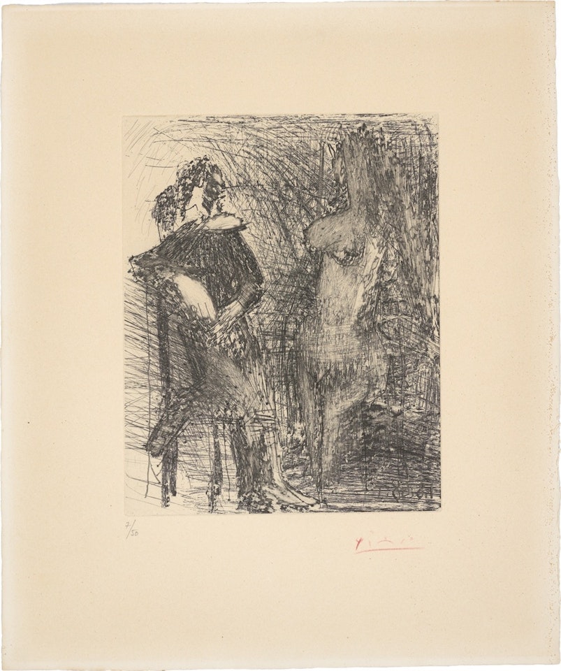 ”Homme accoudé et à demi agenouillé sur une chaise devant (ou pensant à) une femme” by Pablo Picasso