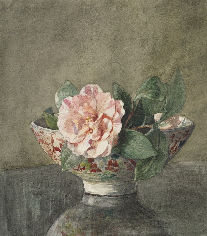 Camellia in Old Chinese Vase on Black Lacquer Table by John La Farge