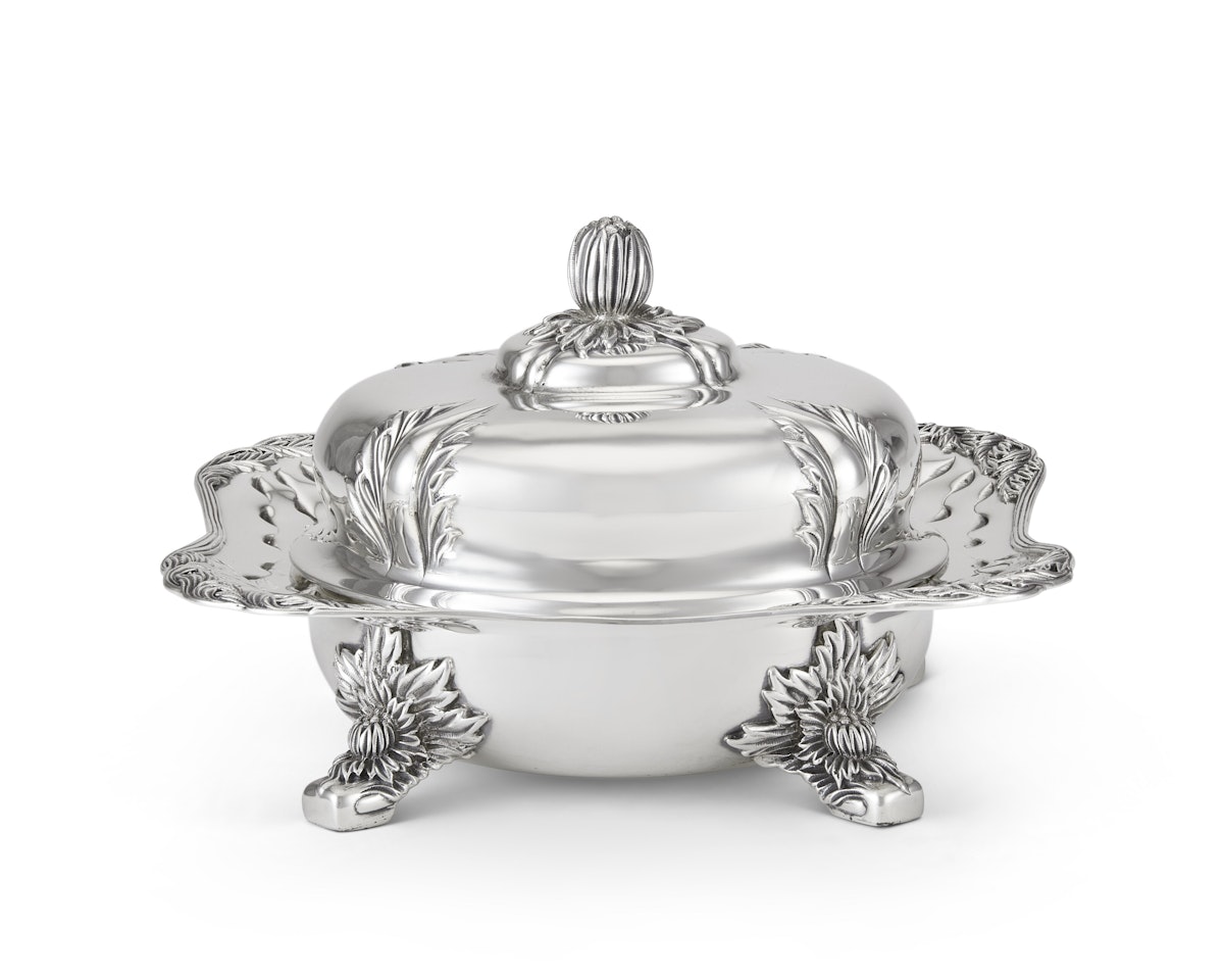 AN AMERICAN SILVER BUTTER DISH, COVER, AND LINER by Tiffany & Co.
