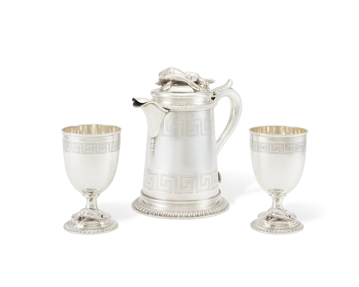 AN AMERICAN SILVER PITCHER AND PAIR OF MATCHING GOBLETS by Tiffany & Co.