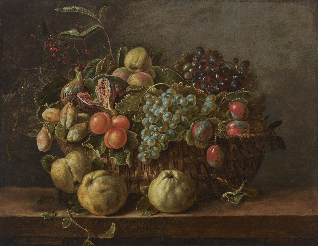 Figs, red and yellow grapes, plums, and apricots in a basket, with quinces on a ledge by Adriaen van Utrecht