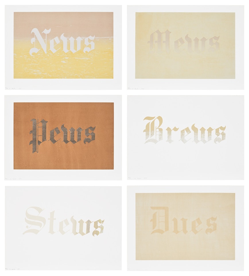 News, Mews, Pews, Brews, Stews & Dues (E. 34-39) by Ed Ruscha