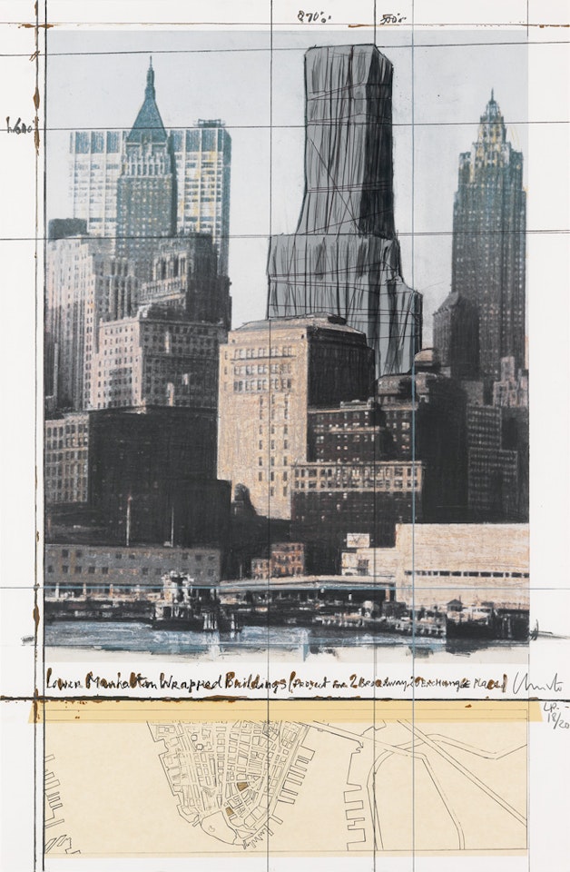 Lower Manhattan Wrapped Buildings, Project for Two Broadway, Twenty Exchange Place by Christo