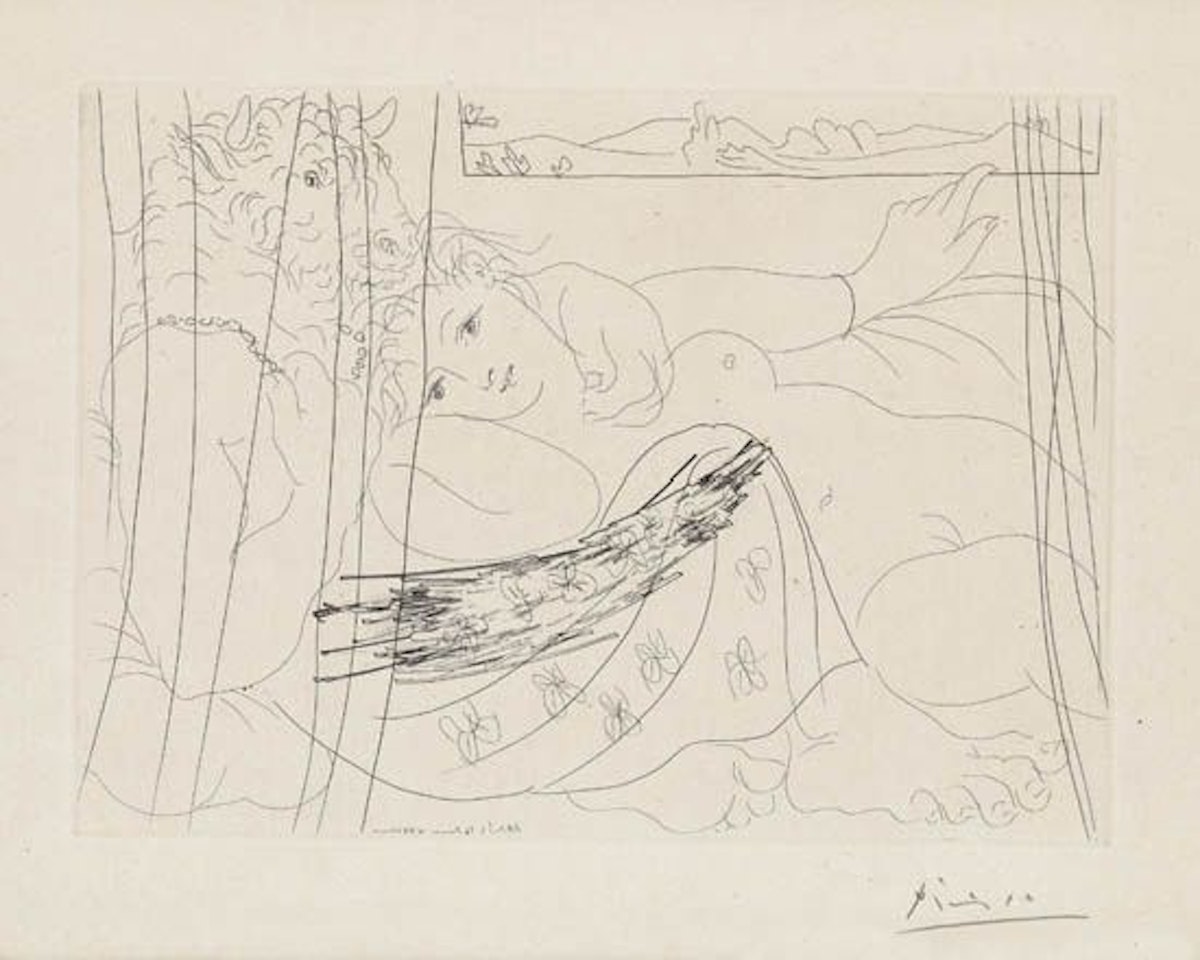 Minotaure et Femme derrière un Rideau by Pablo Picasso