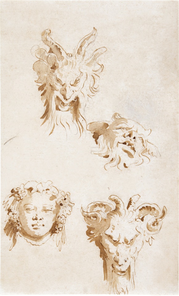 A sheet of studies of three heads of satyrs and the head of a Bacchus by Giovanni Battista Tiepolo