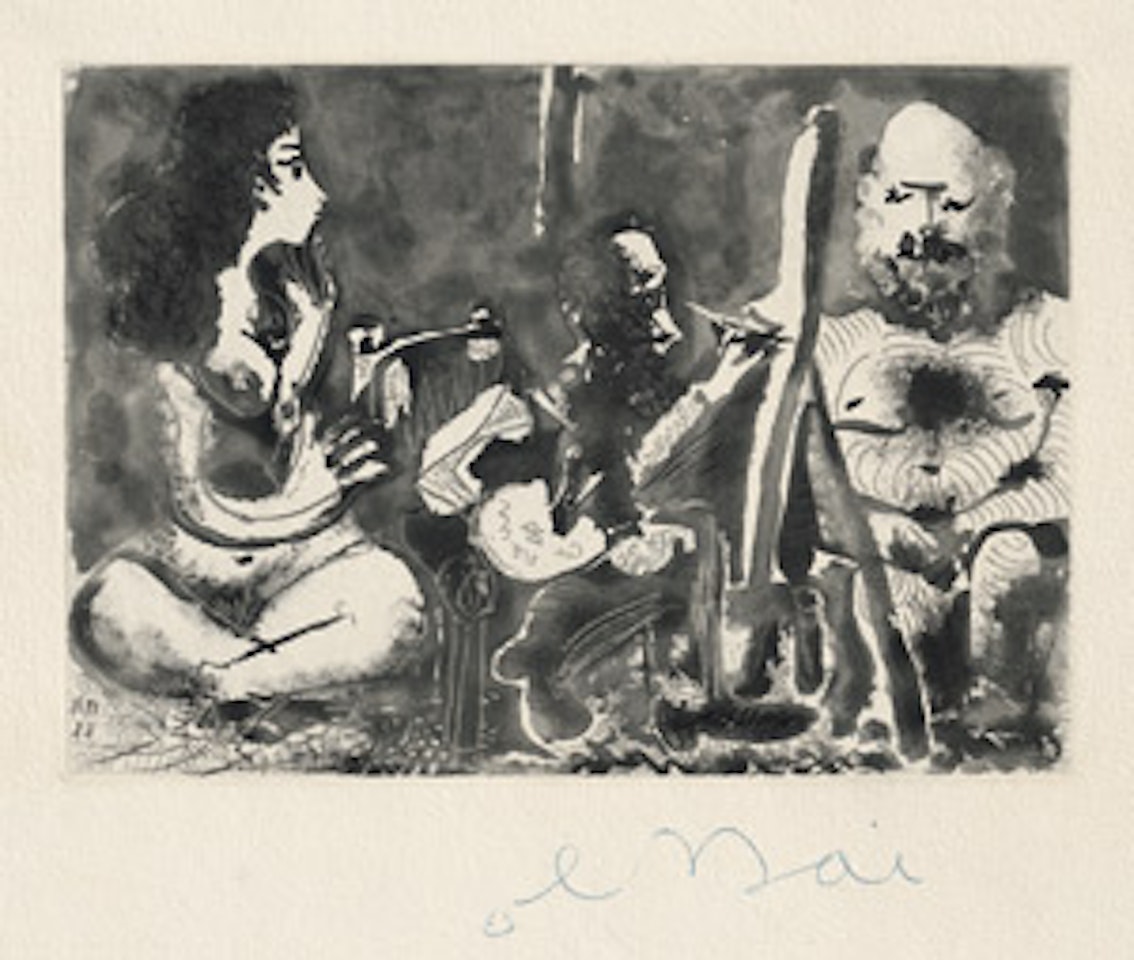 Painter at work with a bearded model and a spectator in a suit by Pablo Picasso