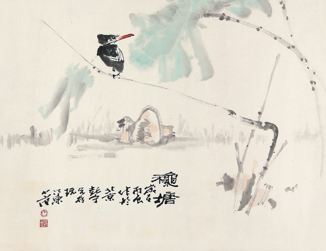 BIRD RESTING ON AUTUMN POND by Fan Zeng