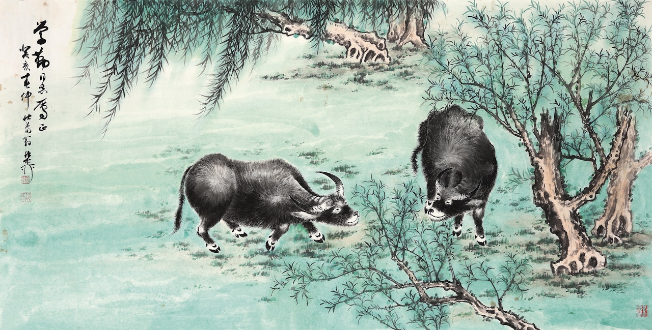 TWO BUFFALO UNDER THE WILLOW by Xie Zhiliu