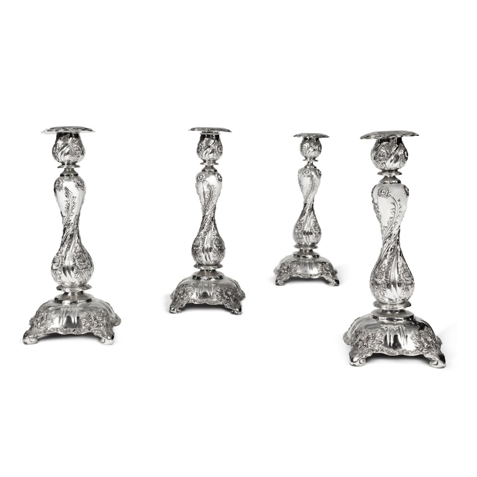 A Set of Four American Silver Chrysanthemum Pattern Candlesticks by Tiffany & Co.