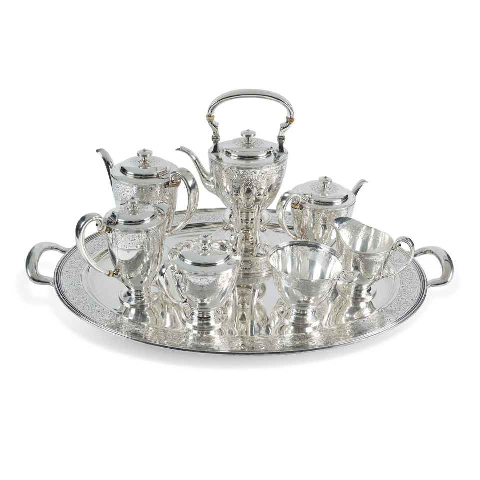 An American Silver Seven-Piece Tea and Coffee Set with Matching Tray by Tiffany & Co.