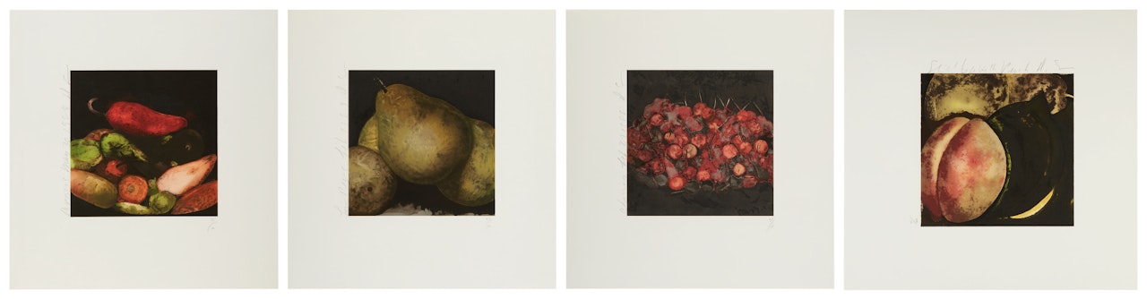 STILL LIFE WITH PEACH; CHERRIES; FOUR PEARS; AND PEPPERS by Donald Sultan