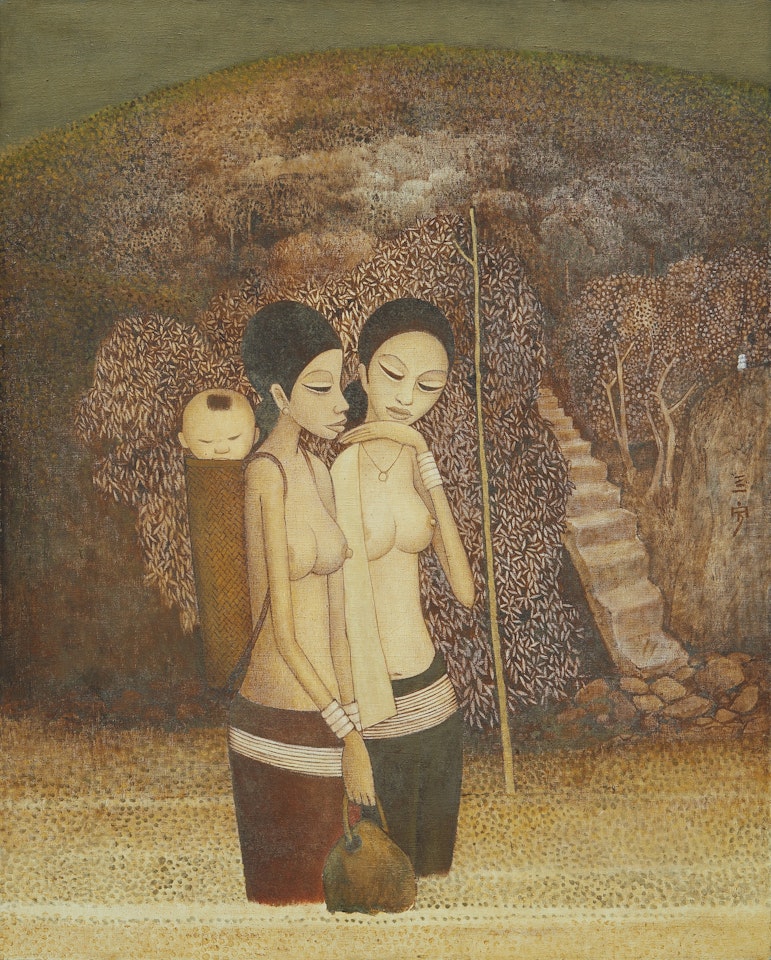 Two women and child in the river by Cheong Soo Pieng