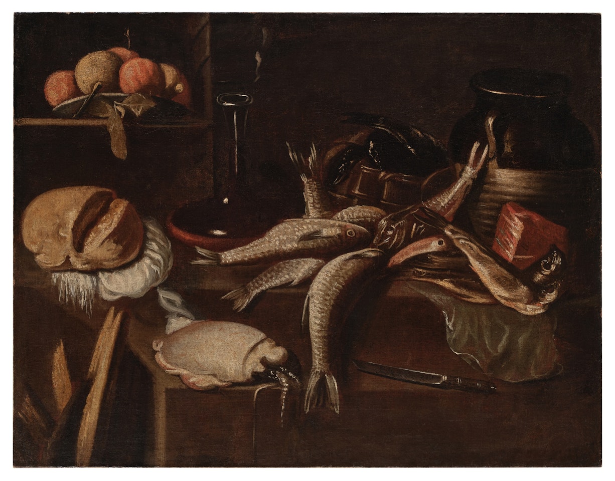 Still Life of Fruit, Assorted Fish, and Sundry Kitchen Items by Spanish School