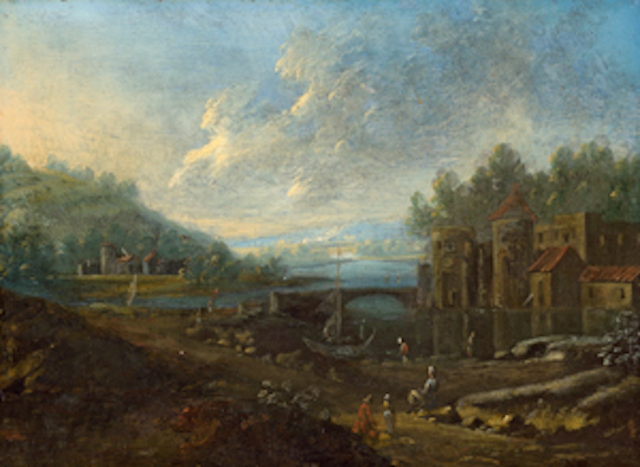 River landscape with castle by Dutch School