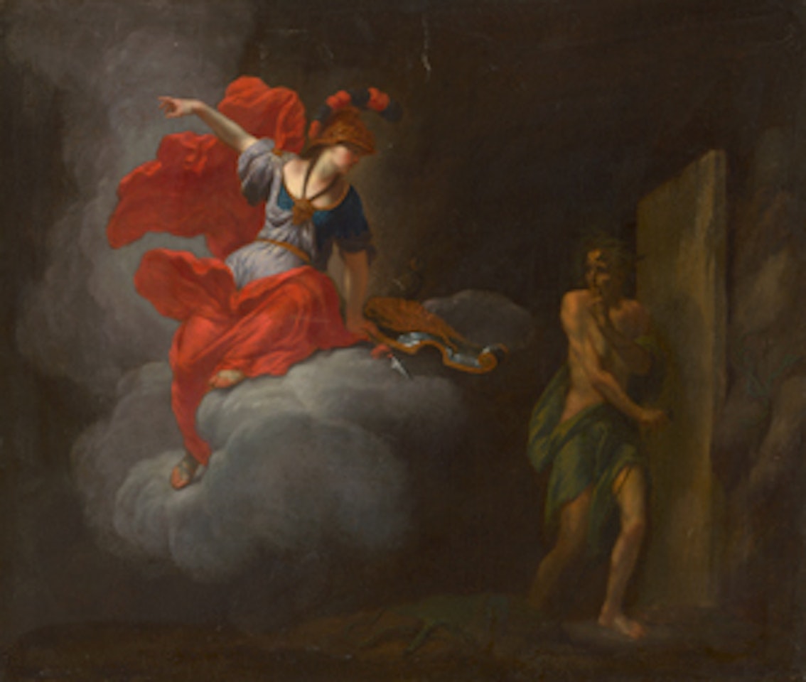 Pallas Athena enthroned on clouds drives away envy by German School