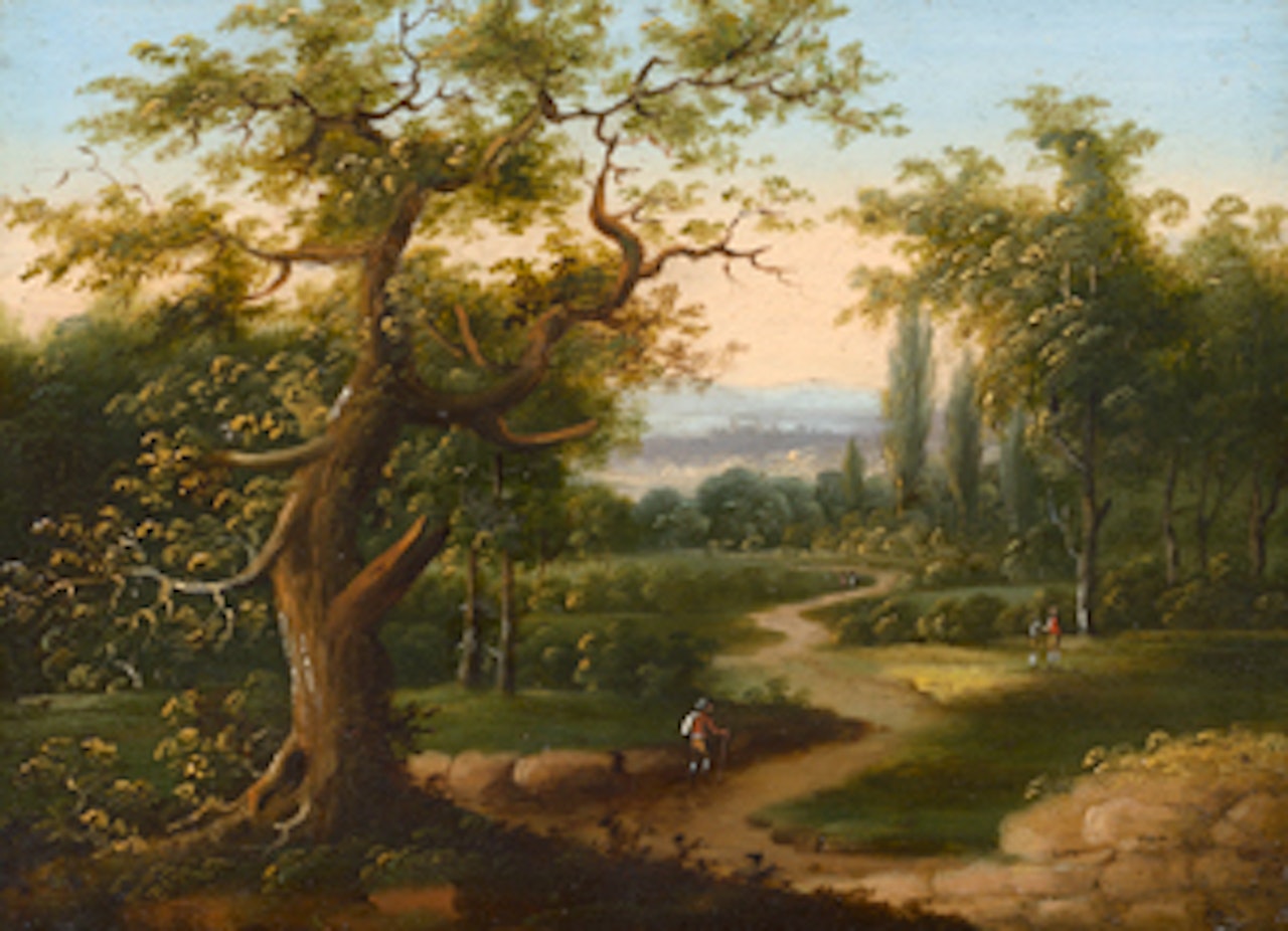Tree-lined landscape with hikers on a path by German School