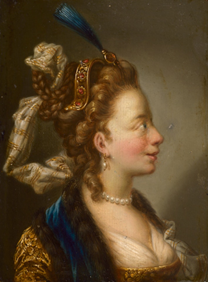 Portrait of a young woman in a damask dress with a fur-trimmed stole by Italian School