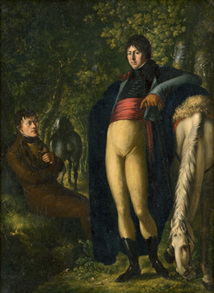 Two cavaliers with horses in the forest by German School