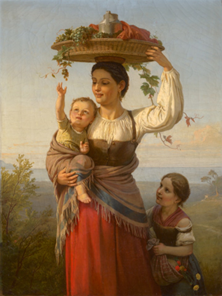 After the grape harvest: Neapolitan woman with her children in the landscape by German School