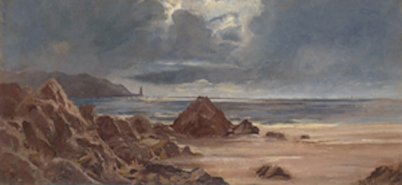 Moonlight over rocky coast with lighthouse by German School