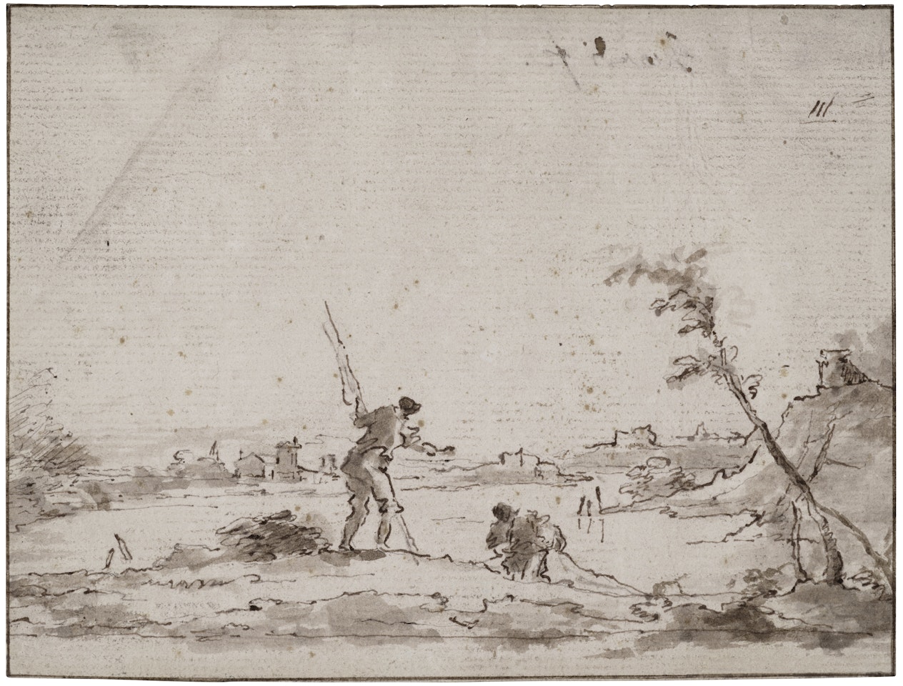 A capriccio of a marine inlet with two fishermen dragging in a net by Francesco Guardi