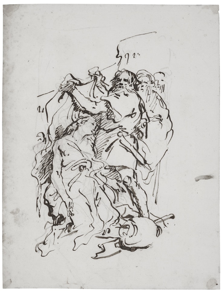 Three men and a swooning female figure by an urn (Iphigenia?) by Giovanni Domenico Tiepolo