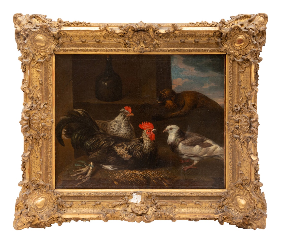 Two Roosters, a Pigeon and a Monkey by Continental School