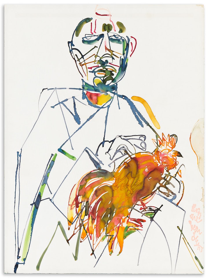 Man Seated with Rooster. by Romare Bearden