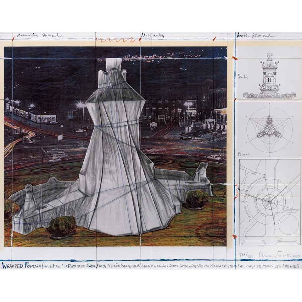 Wrapped fountain (Project for "La Fontana de Jujol, Plaza D" España, Barcelona) Gran via de les corts catalañes, Reina María Cristina ave, Plaça de toros les Arenes by Christo