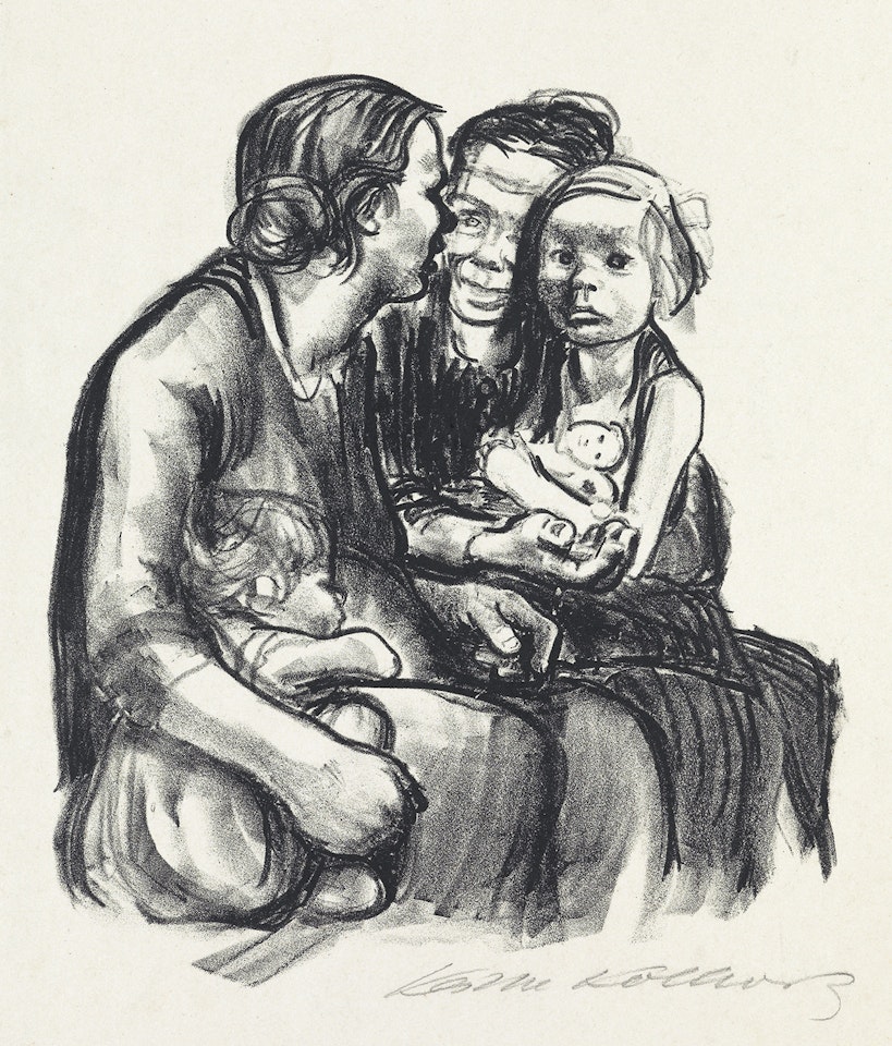 Zwei schwatzende Frauen mit Zwei Kindern by Kathe Kollwitz
