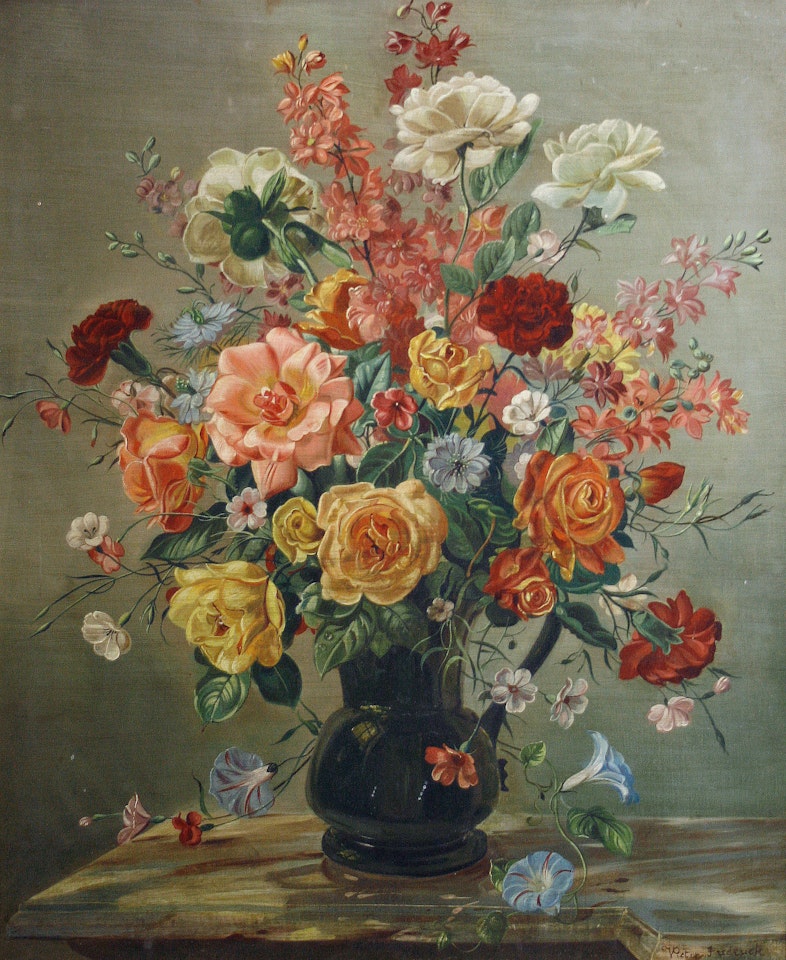 Roses, convolvulus, carnations and other flowers in a glass vase on a marble table top by Continental School