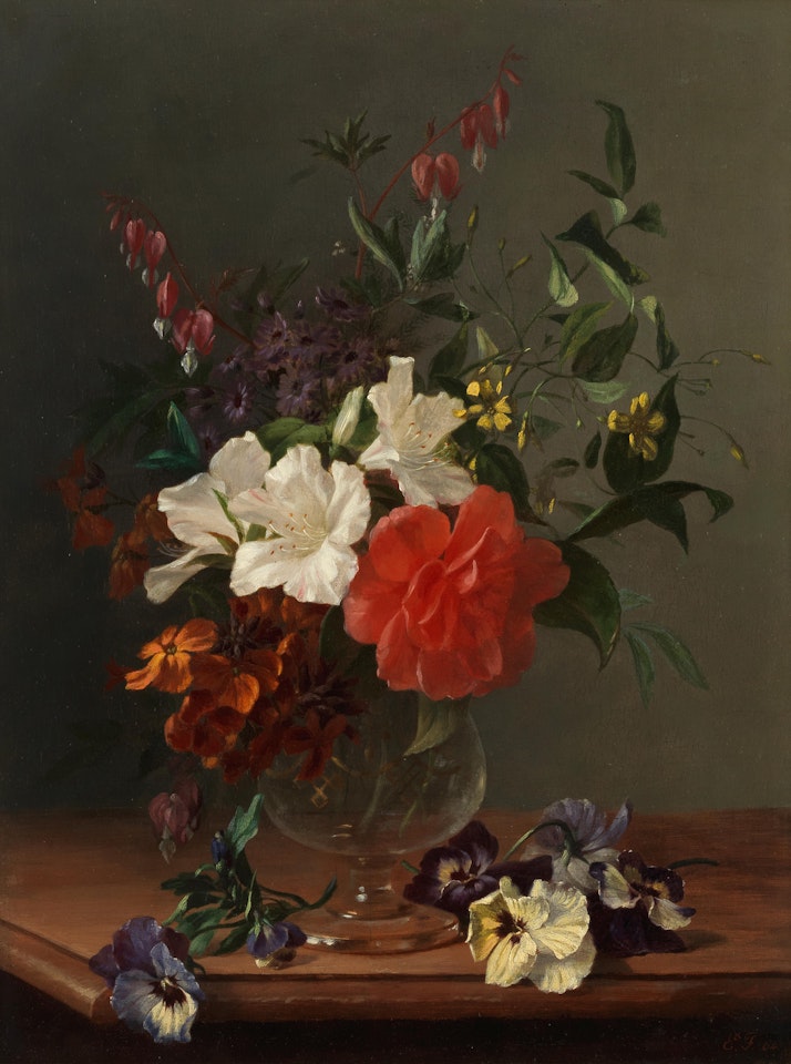 Still life with summer flowers in a glass vase by French School