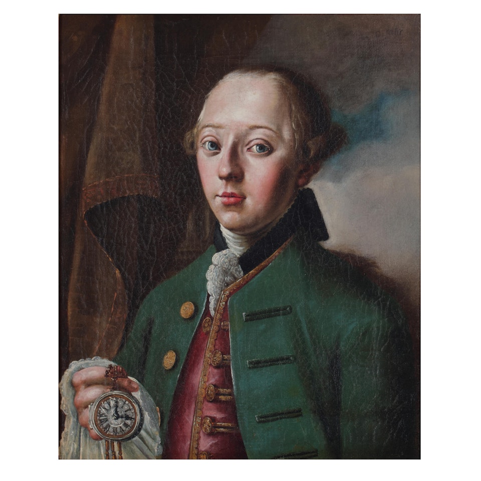 Portrait of a man holding a pocket watch by German School