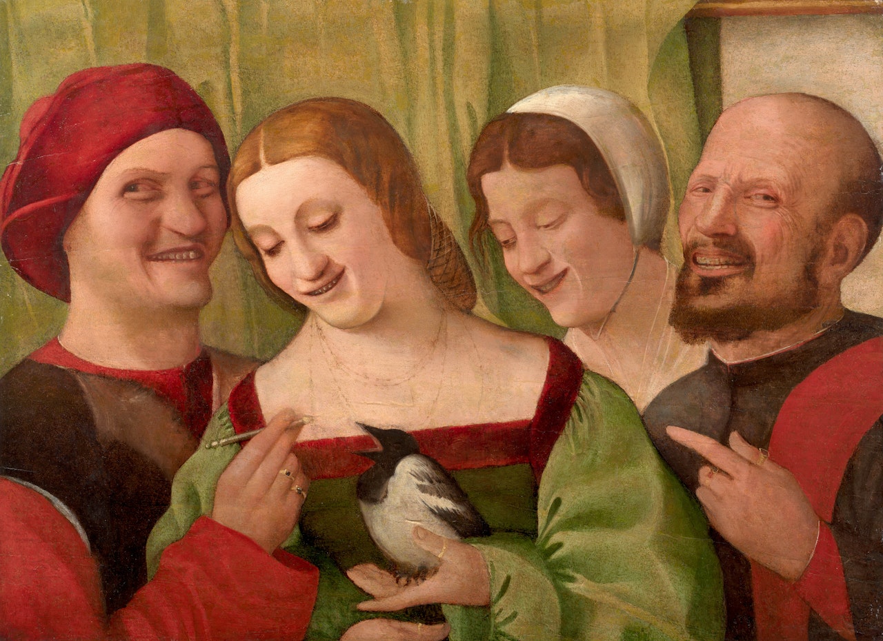 Quatre personnages riant devant une pie by Italian School