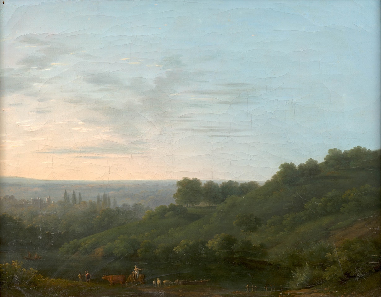 Bovidés et figures au bord d"un plan d"eau by French School