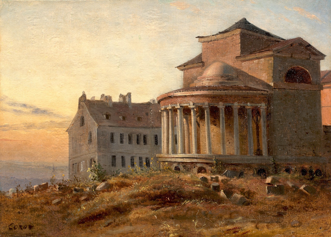 Vue d"un édifice religieux au sommet d"une colline by French School
