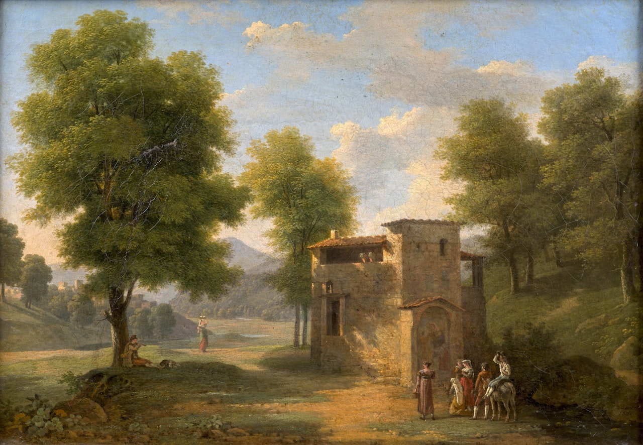 Berger et personnages en prière devant une chapelle dans un paysage by French School