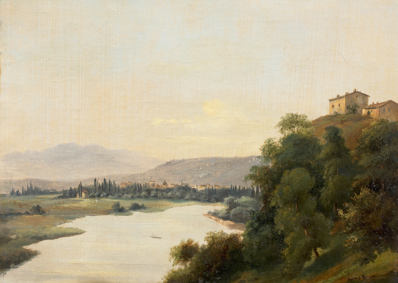Paysage de vallée avec des bâtiments au sommet d"une colline by French School