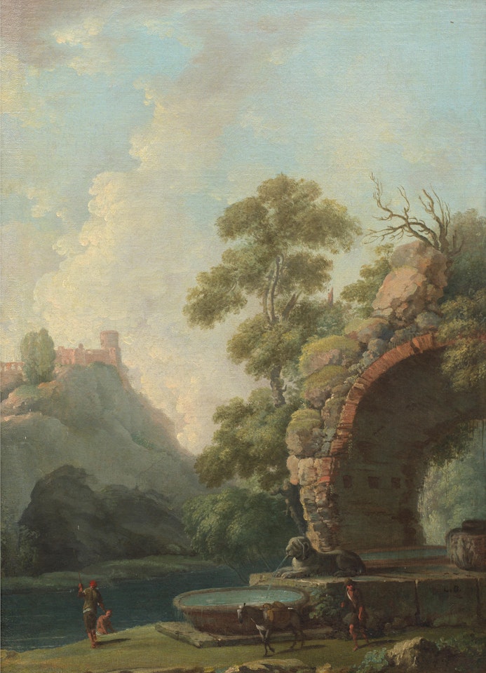 An Italianate landscape with fishermen before a fountain by Carlo Bonavia