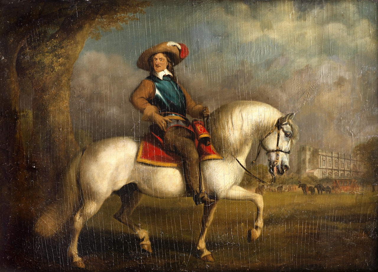 An equestrian portrait of Oliver Cromwell before the Banqueting House, Whitehall by English School