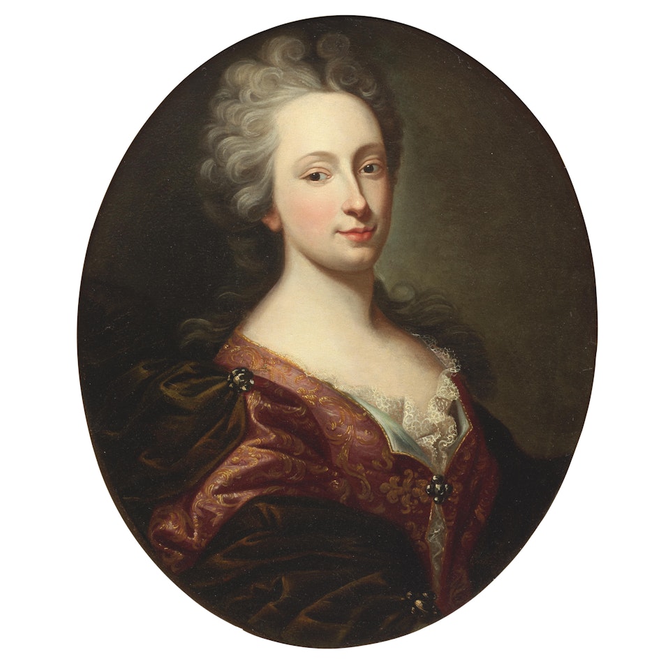 Portrait of a lady, bust-length, in an embroidered dress by French School
