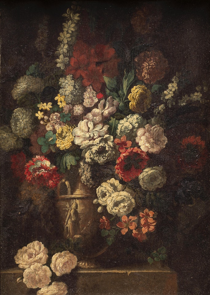 Tulips, chrysanthemums narcissi and other flowers in a bronze urn with a dish of roses; and Delphiniums, chrysanthemums, poppies and other flowers in an urn on a stone ledge by French School