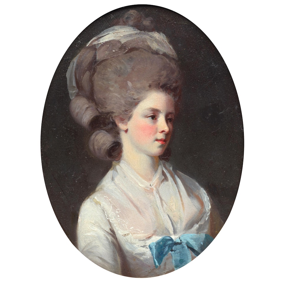 Portrait of a young lady, half-length, in a white dress with a blue bow by English School