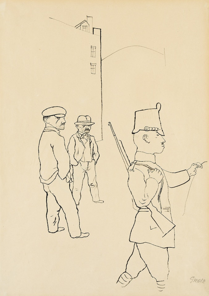 Streikende Arbeiter und Schutzmann by George Grosz