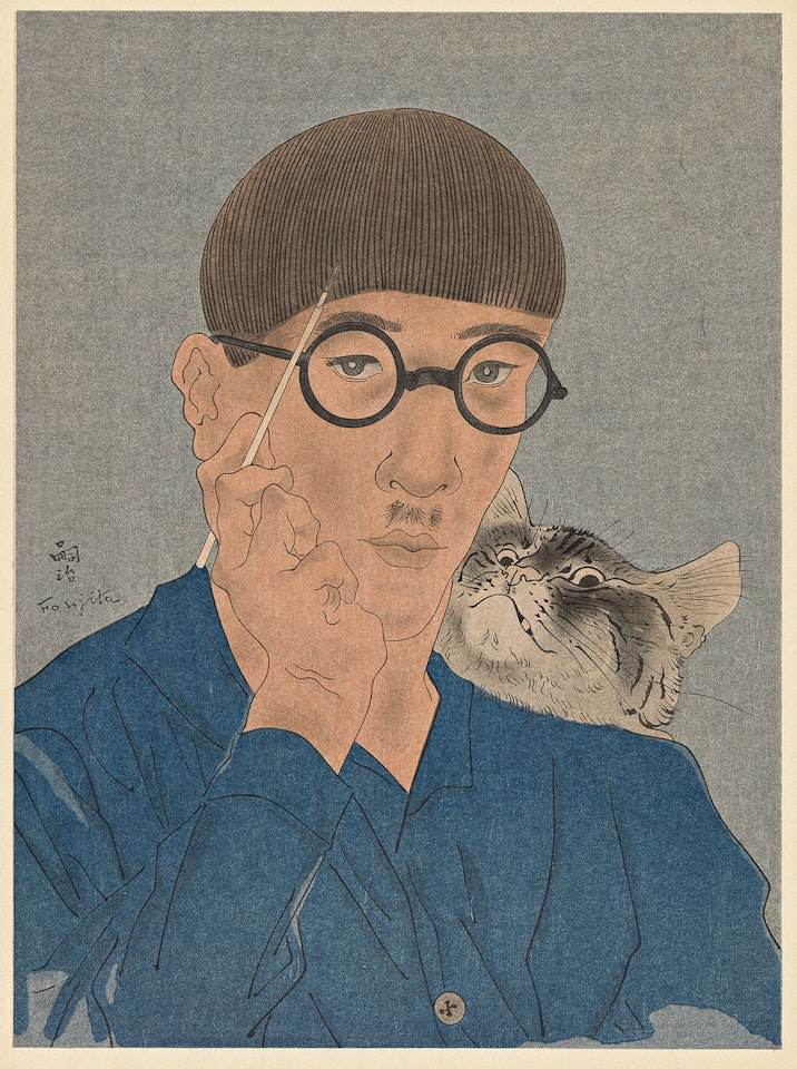 Autoportrait au chat . by Leonard Tsuguharu Foujita
