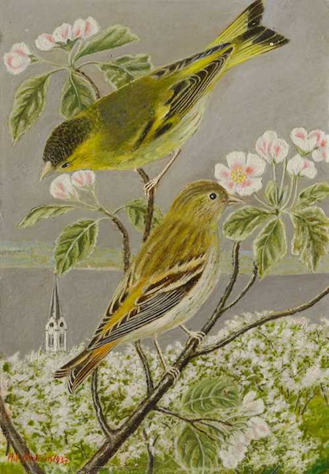 Two siskins by Adolf Dietrich