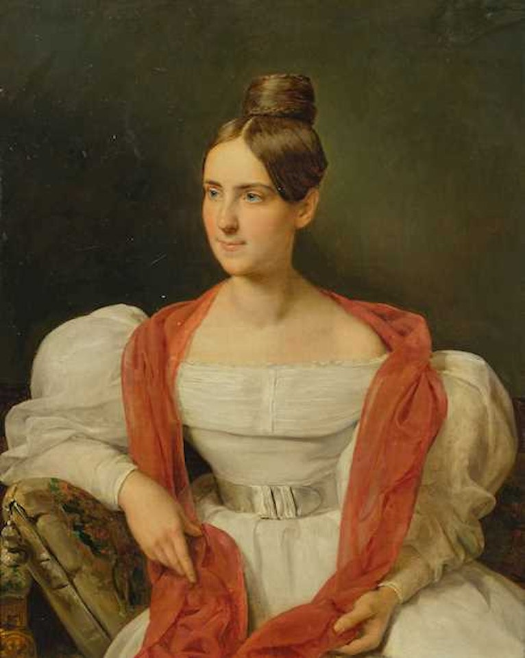 A young woman in a white dress and red shawl by Ferdinand Georg Waldmüller
