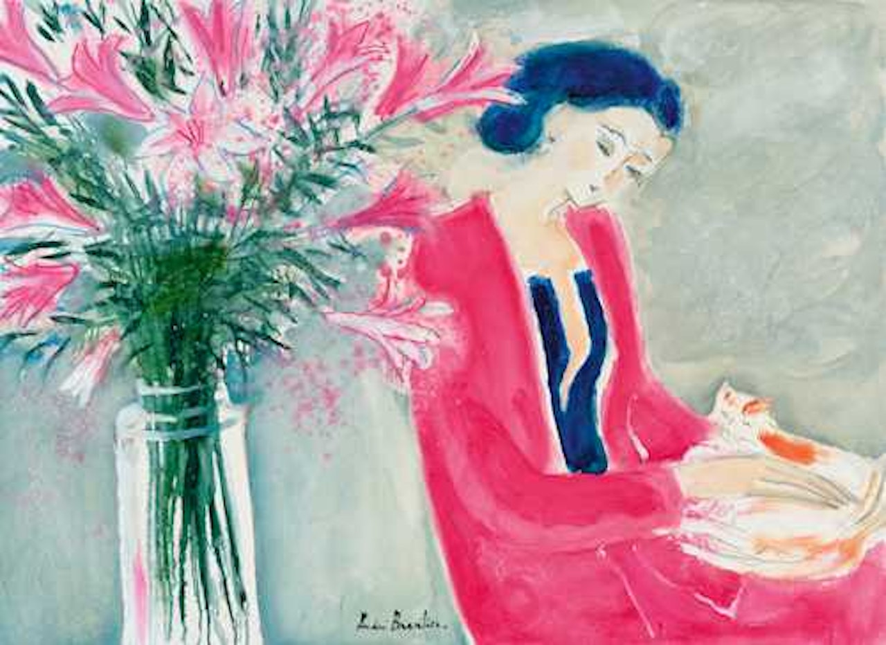 Femme à la lecture, au chat et au vase de fleurs by André Brasilier