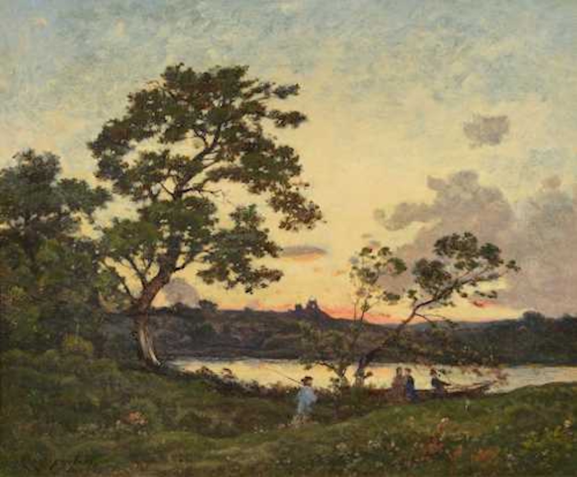 Barque au bord d"un lac by Henri Harpignies